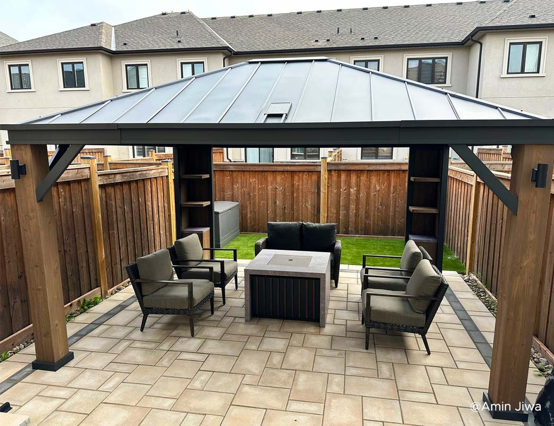 Gazebo with Wood Shelves, Solar Speaker, and LED Lights