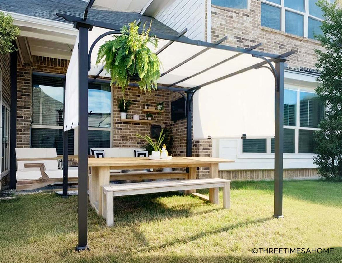 White Pergola with Adjustable Canopy Roof