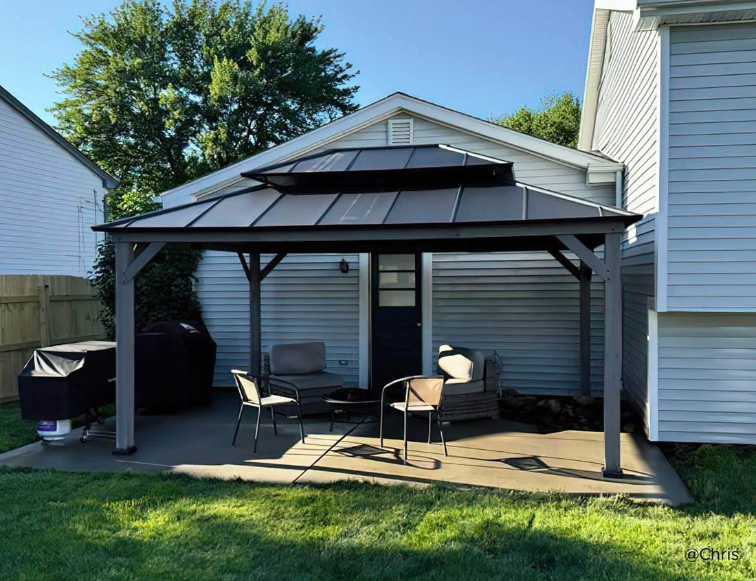 12x16 Wooden Gazebo with 2-tier Metal Roof and Hook