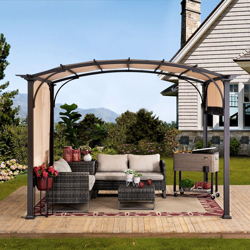 SUNJOY Patio Pergola with Sliding Canopy and Woodgrain Metal Frame.