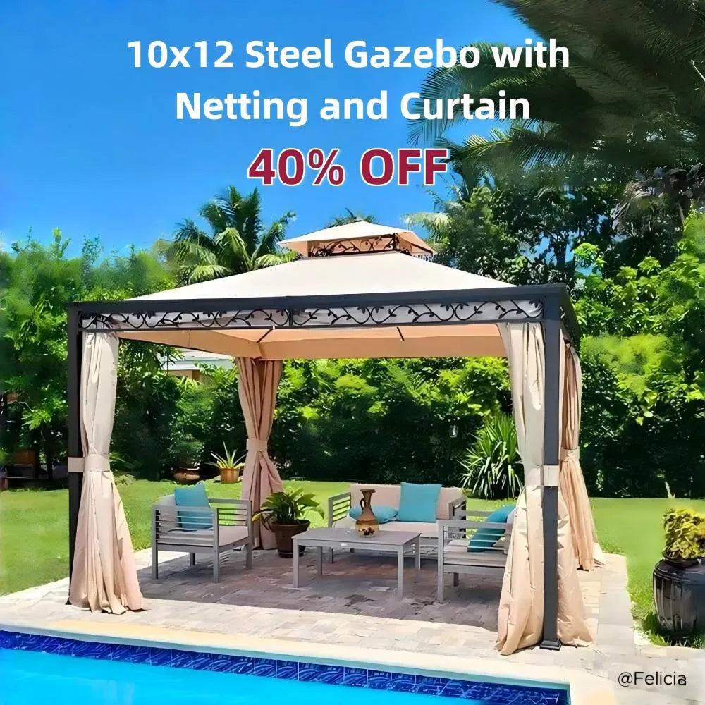 10x12 Steel Gazebo with Netting and Curtain Banner