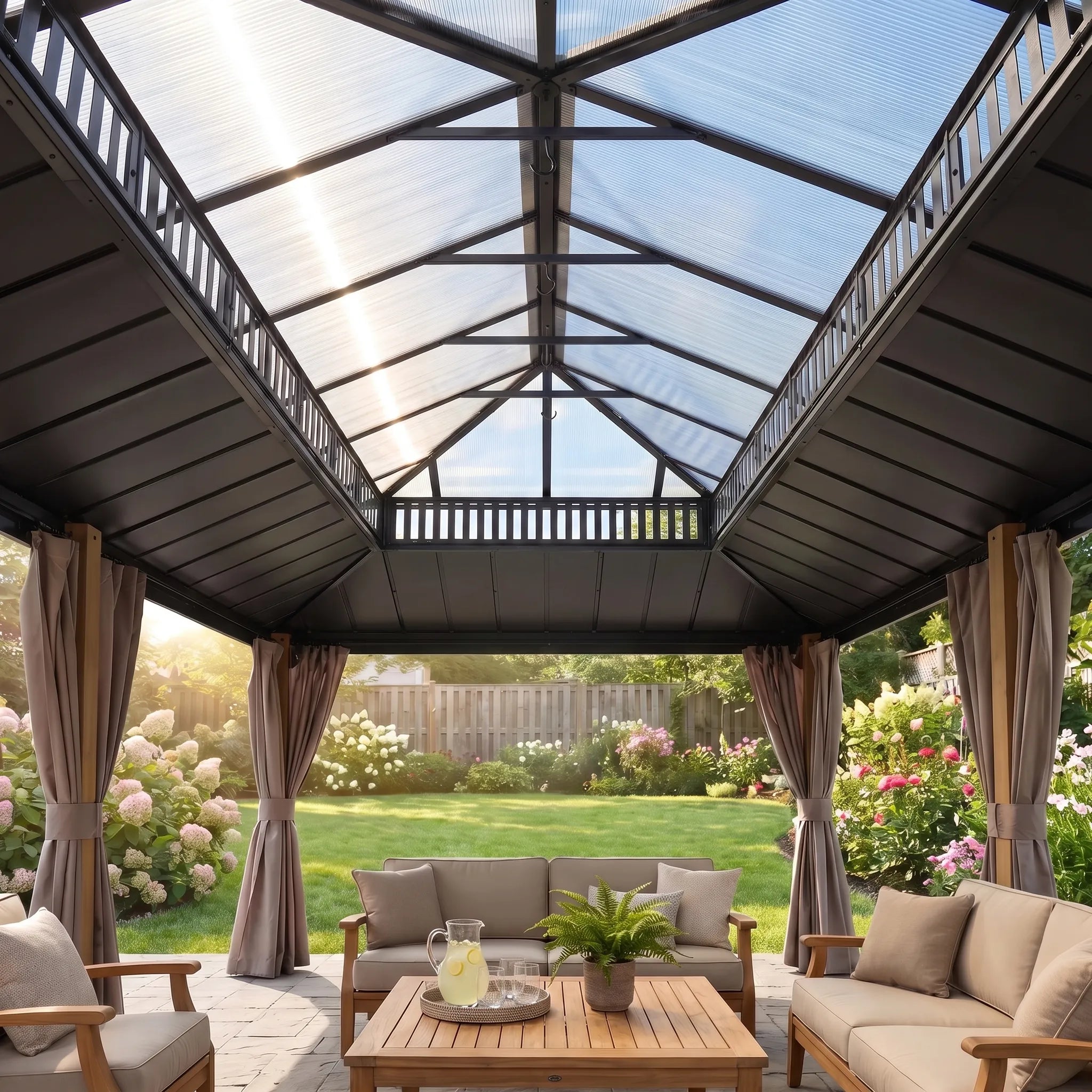 ※みい※レースカーテン＋オーデリックアクア×3 Large 12x20 Wood Gazebo for Patios with PC Roof & Curtains | SUNJOY