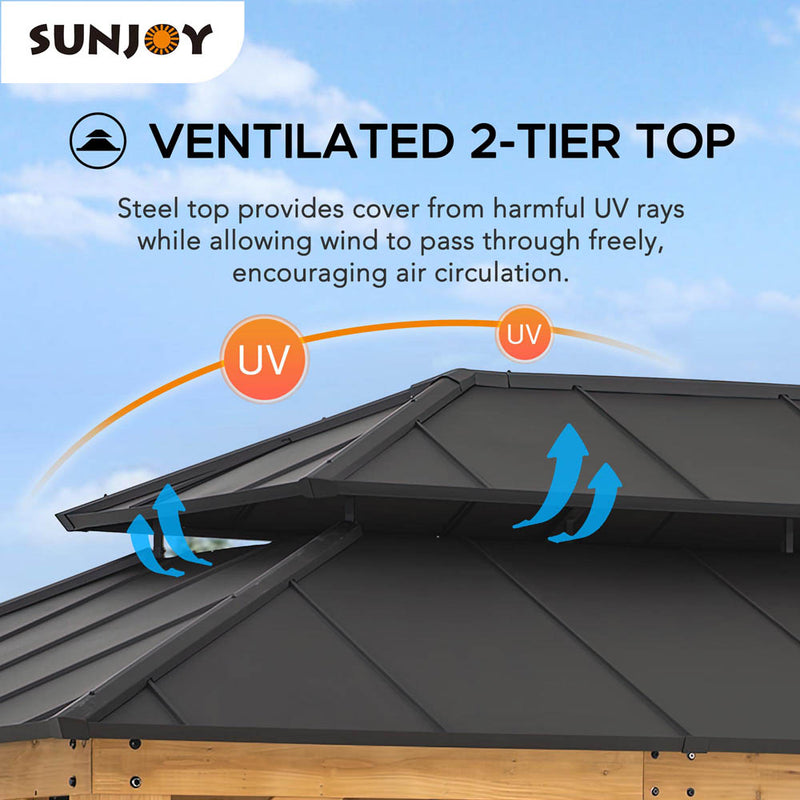 Sunjoy Sunjoy 12x16 ft. Wood Gazebo, Outdoor Patio Steel Hardtop Gazebo, Cedar ...