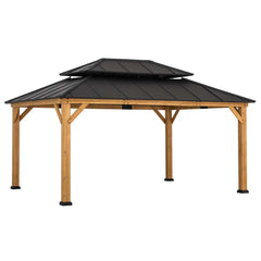 Sunjoy 12x16 ft. Wood Gazebo, Outdoor Patio Steel Hardtop Gazebo, Cedar Framed Wooden Gazebo with 2-tier Metal Roof and Ceiling Hook.