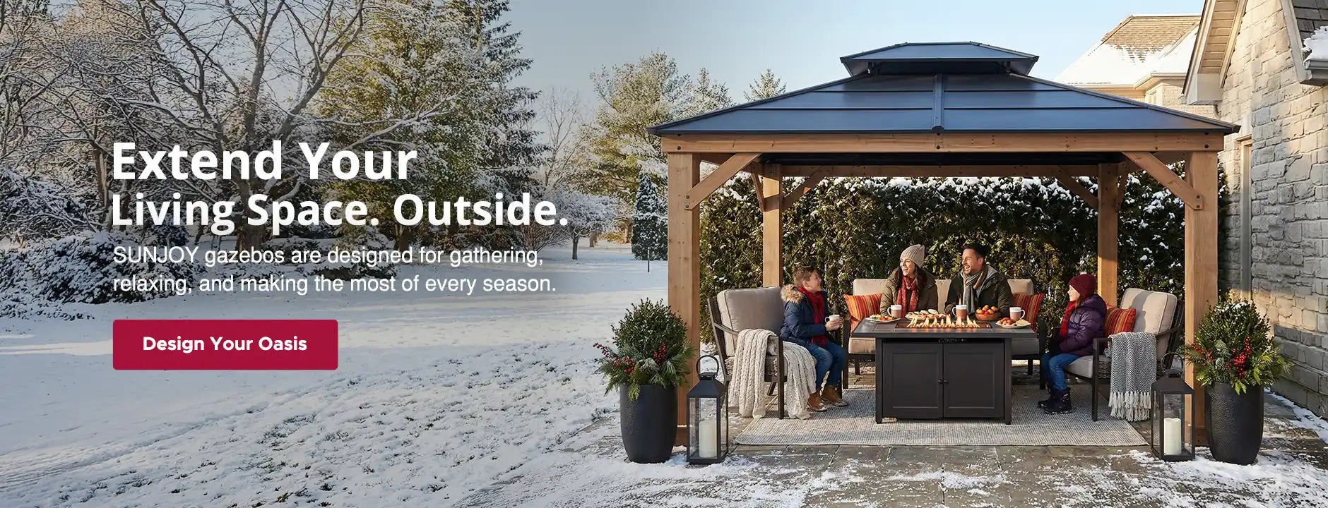People sitting under a wooden gazebo in a snowy outdoor setting with text promoting extending living space outdoors.