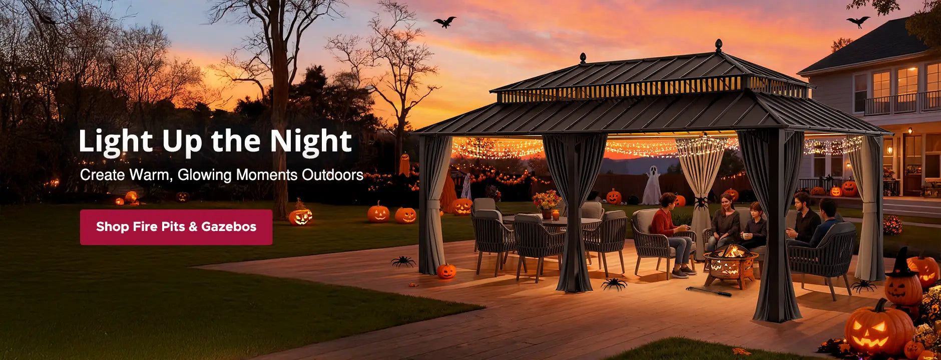 Outdoor patio with gazebo and people sitting, sunset in the background, promotional text for fire pits and gazebos.