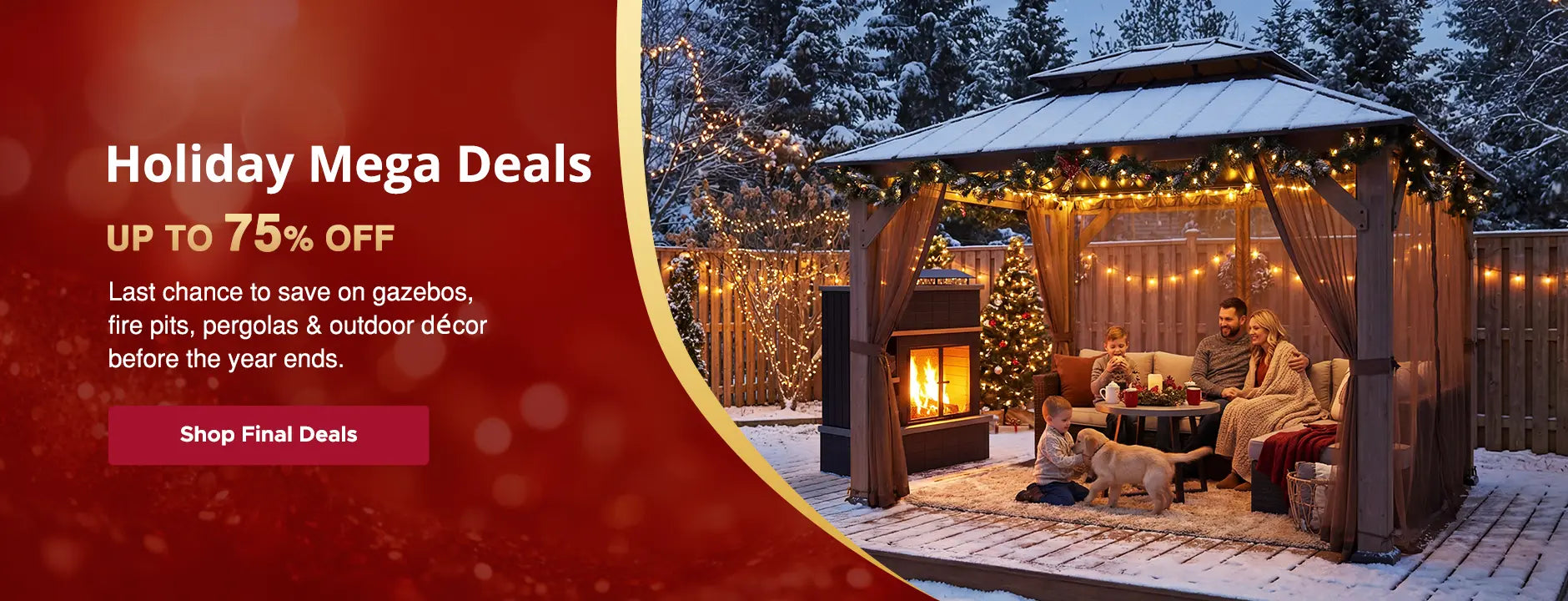 Promotional banner for holiday deals on gazebos with a snowy outdoor setting.