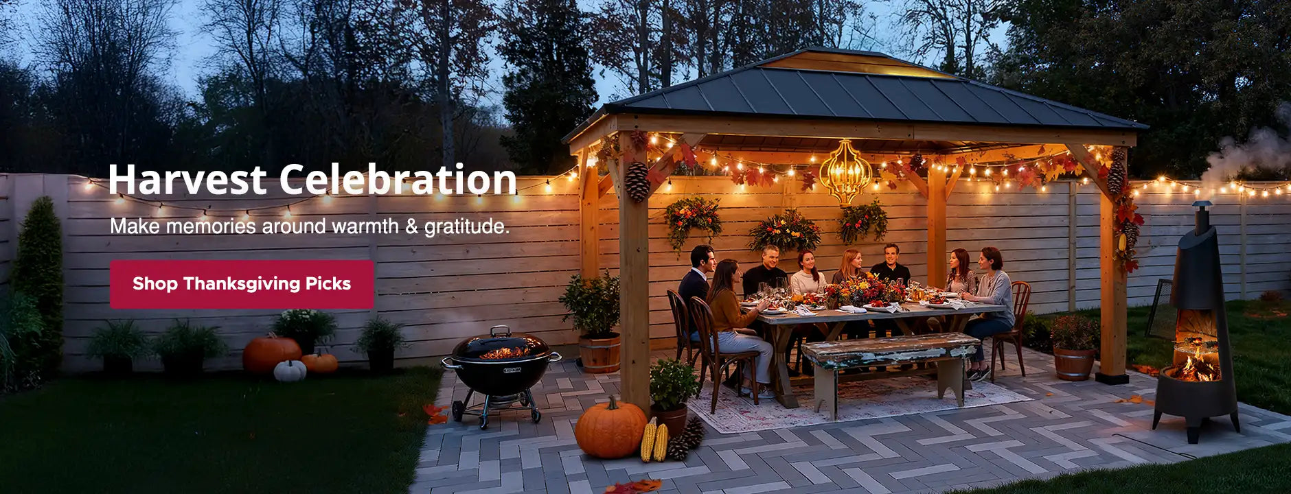 Garden gazebo with string lights and people around a table, with 'Harvest Celebration' text.