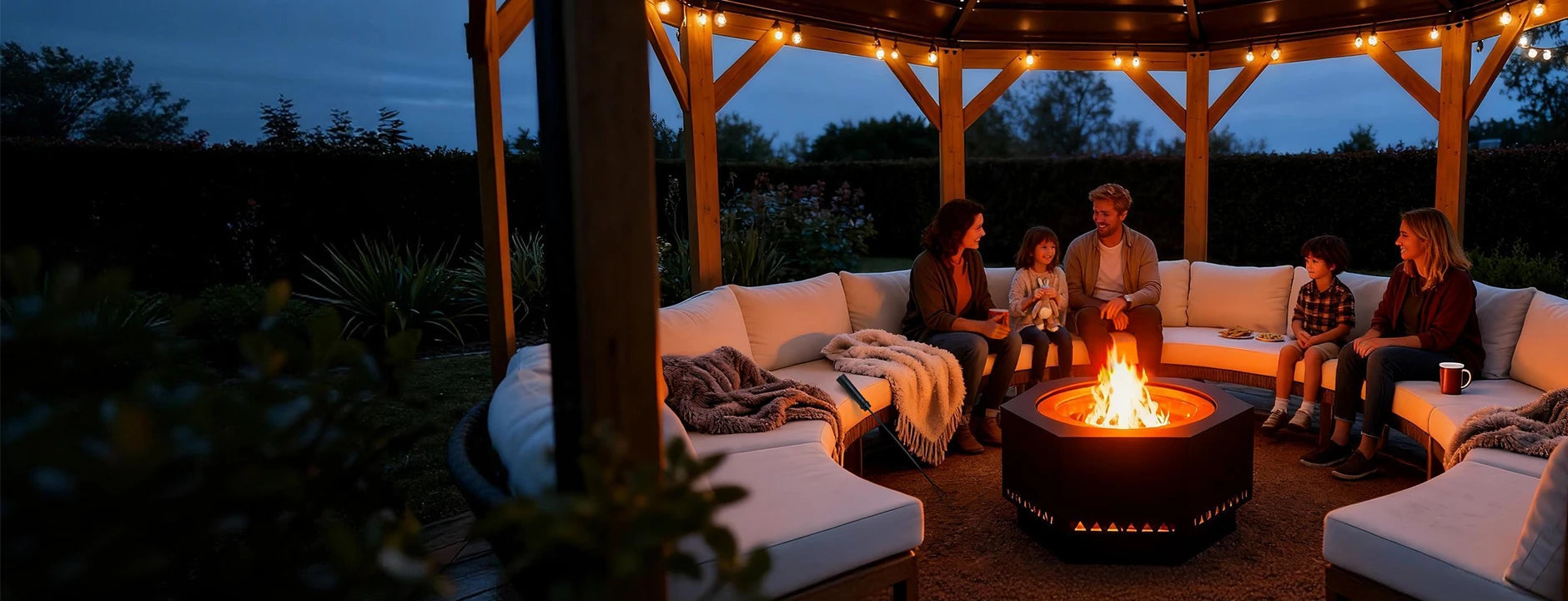 People sitting around a fire pit under string lights in a wooden gazebo.