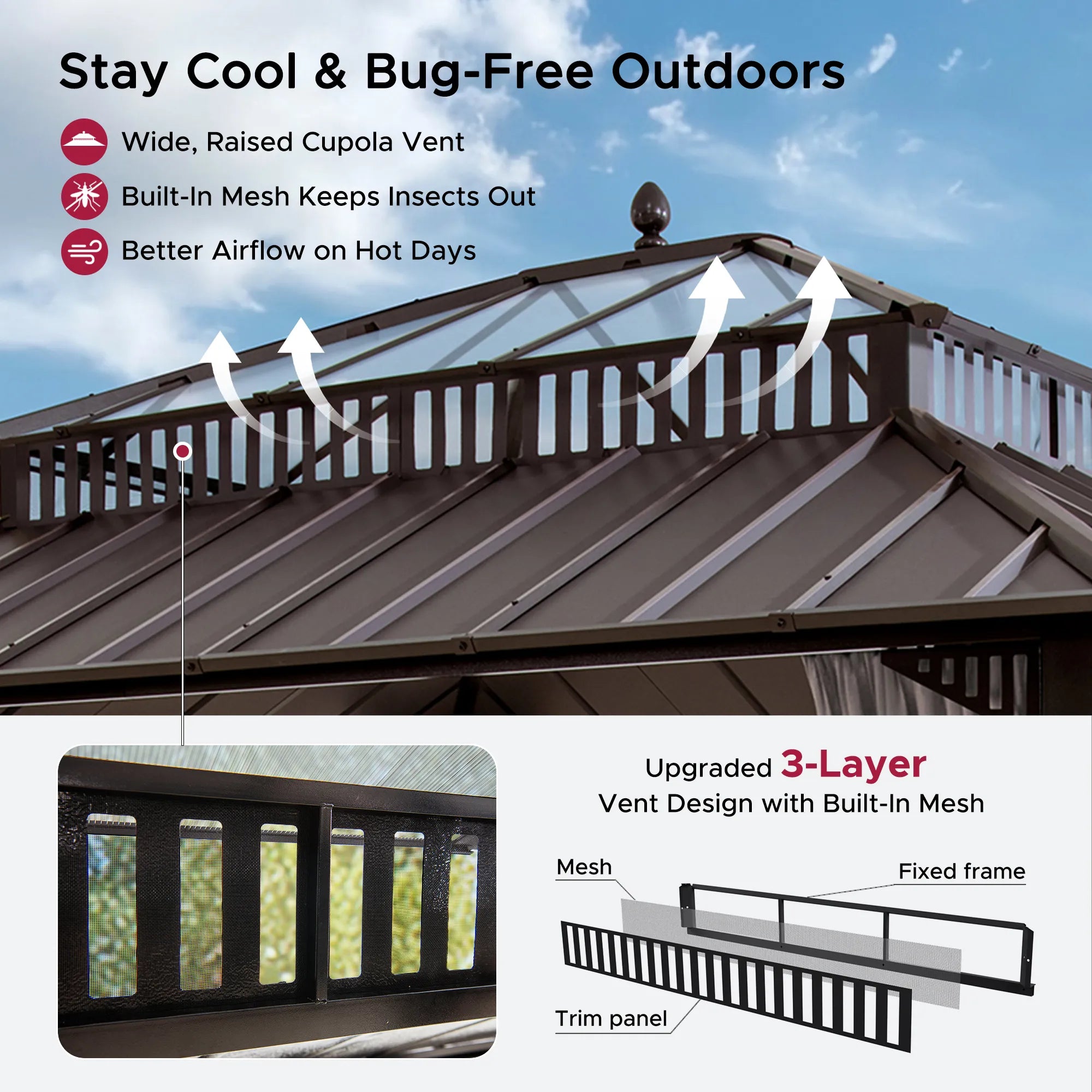 SUNJOY Kingston 12x14 Gazebo with Netting & Curtain | Steel Roof with Extra-Tall & Oversized PC Vent Top - Brown Aluminum Posts