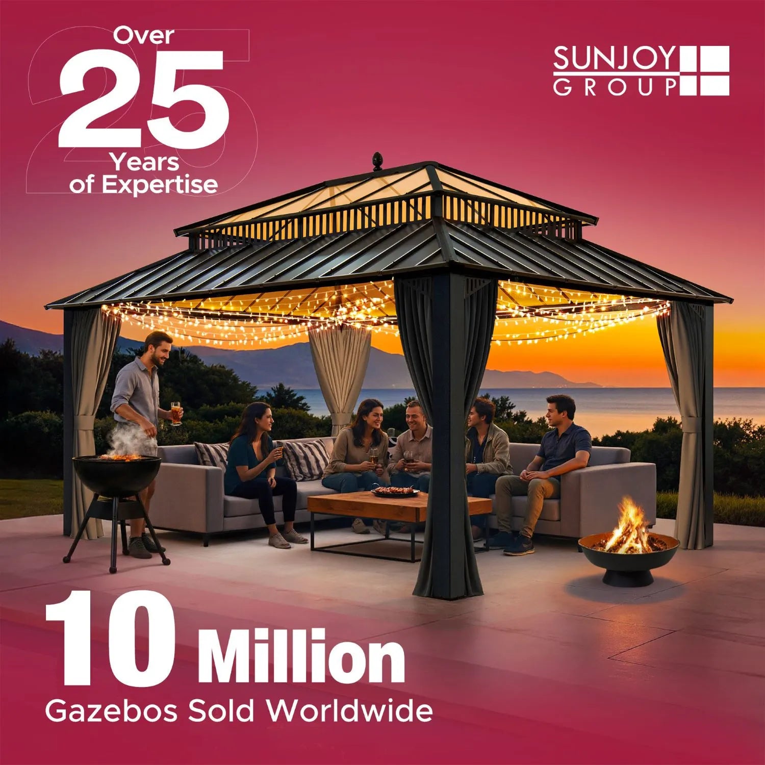 Gazebo with people enjoying a sunset view, featuring Sunjoy Group branding and statistics.
