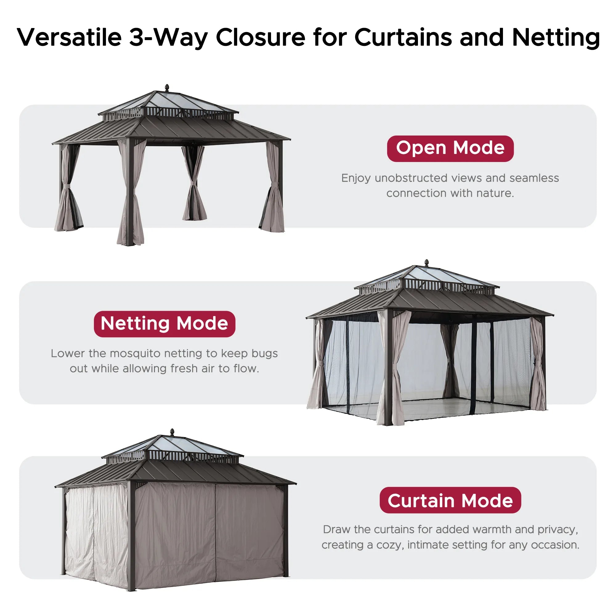 SUNJOY Kingston 12x14 Gazebo with Netting & Curtain | Steel Roof with Extra-Tall & Oversized PC Vent Top - Brown Aluminum Posts