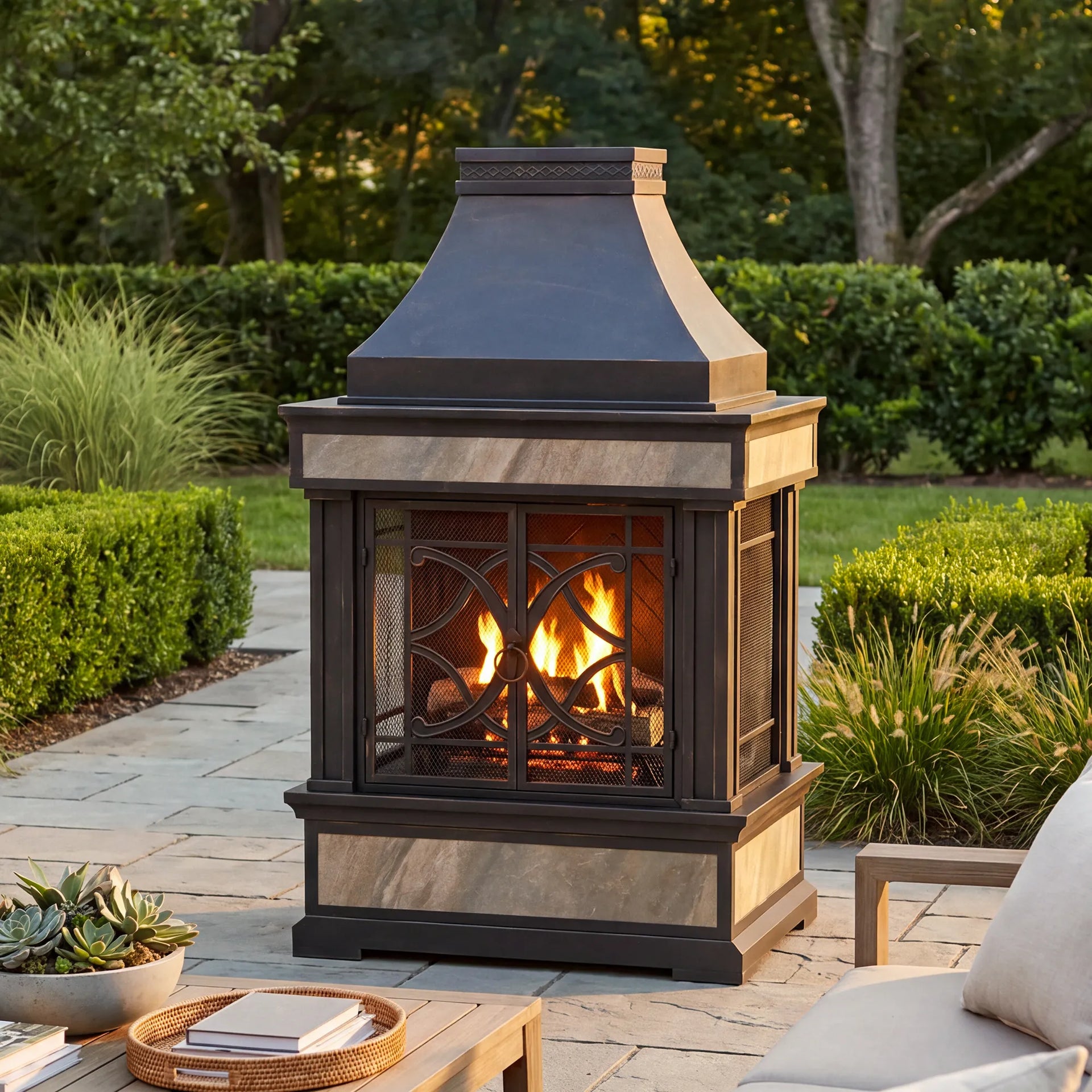 57 Inch Outdoor Wood Burning Stone Fireplace - SUNJOY