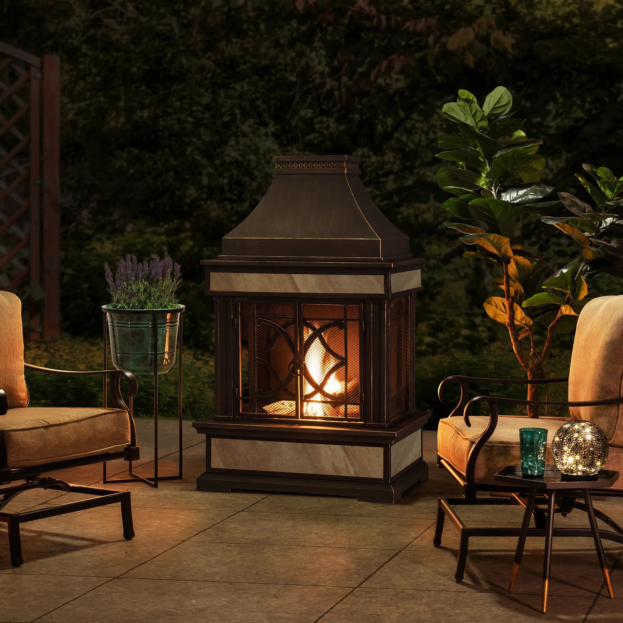 SUNJOY 57 Inch Outdoor Wood Burning Fireplace with PVC Cover - Black & Golden