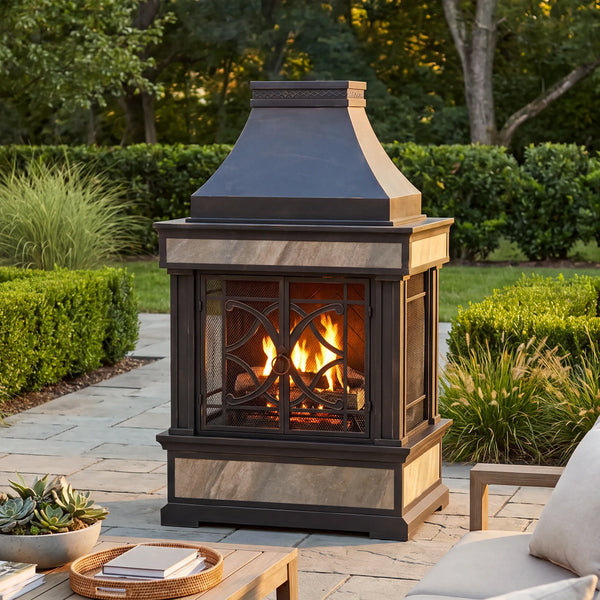 57 Inch Outdoor Wood Burning Stone Fireplace - SUNJOY