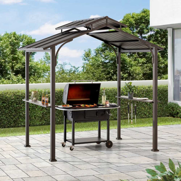 Sunjoy Outdoor Patio 5x8 Brown 2-Tier Steel Backyard Hardtop Grill Gazebo with Metal Ceiling Hook and Bar Shelves.
