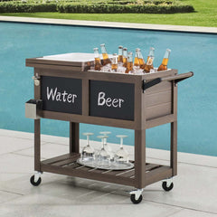 Sunjoy 80-Quart Brown Patio Cooler, Rolling Ice Chest Cooler Cart with Chalkboard, Storage Shelf, Bottle Opener, and Wheels.
