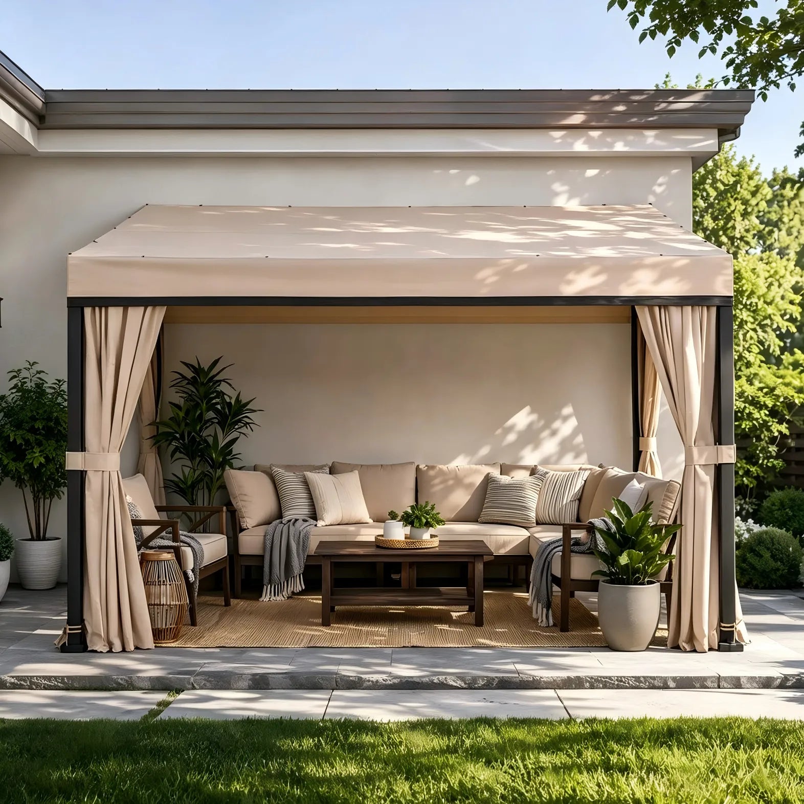 10x12 Fabric Roof Wall Mounted Gazebo, Lean to Gazebo with Curtain and Netting