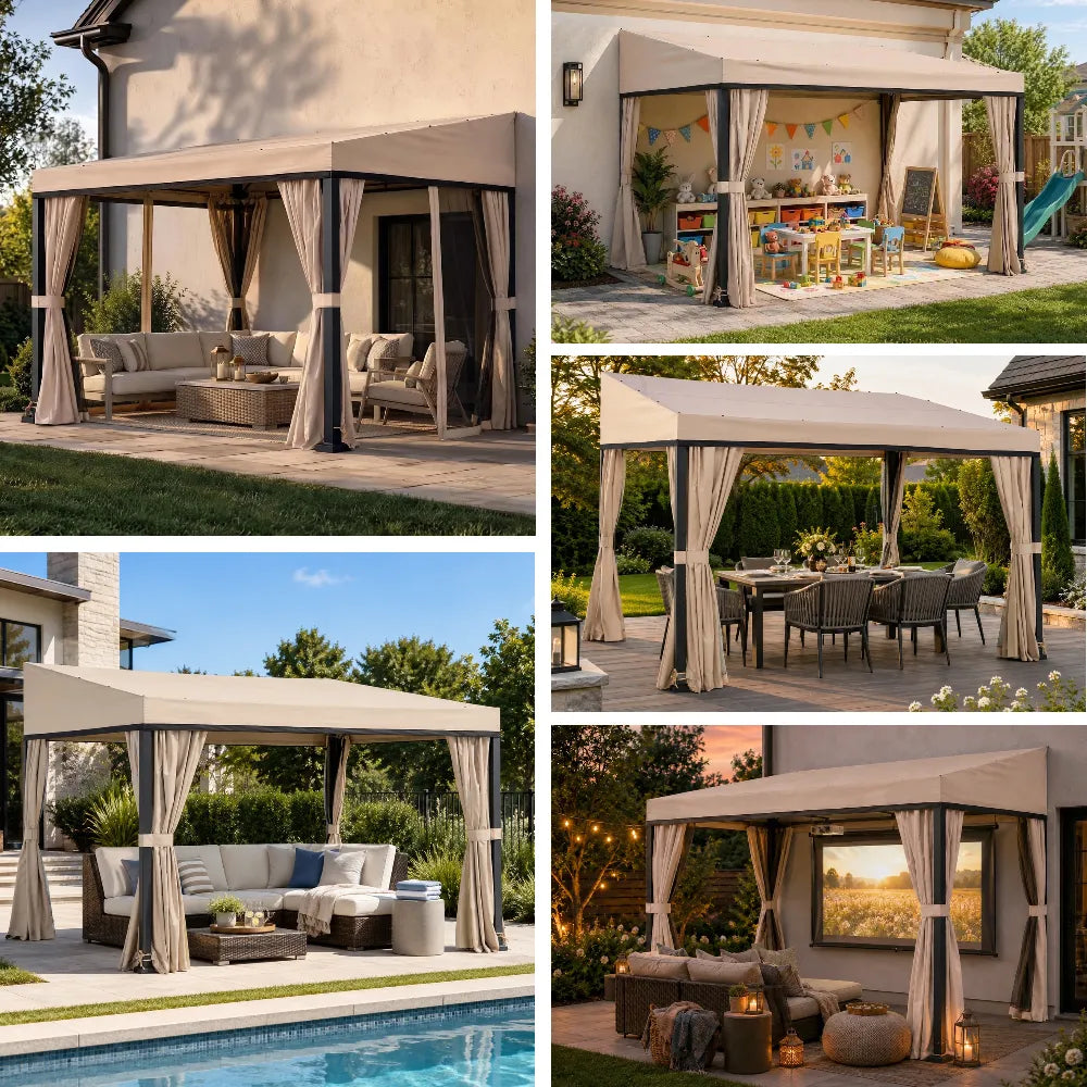 10x12 Fabric Roof Wall Mounted Gazebo, Lean to Gazebo with Curtain and Netting