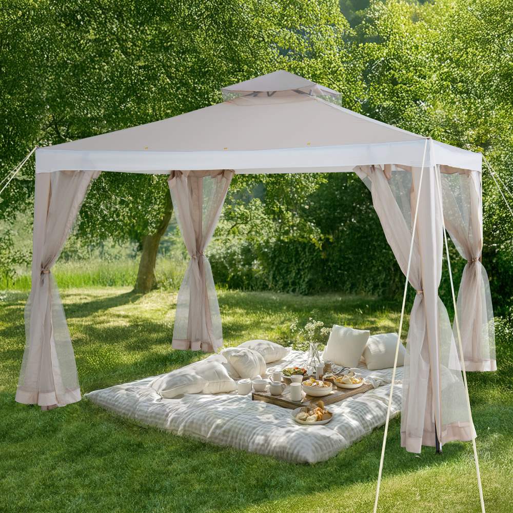 gazebo camping tent Sunjoy 10 x 10 ft. Soft Top Gazebo, Outdoor Patio Backyard Modern 2-Tier Steel Frame Gazebo with Mesh Netting
