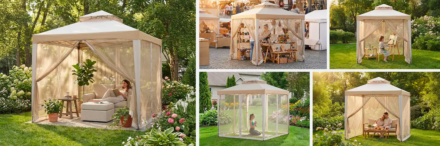 SUNJOY 8x8 Soft Top Gazebo with Mosquito Netting - Gray & Khaki