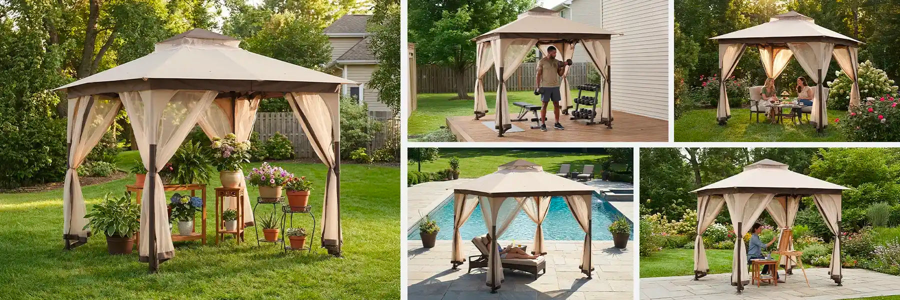 SUNJOY 9x9 Soft Top Garden Gazebo with Mosquito Netting - Beige & Brown