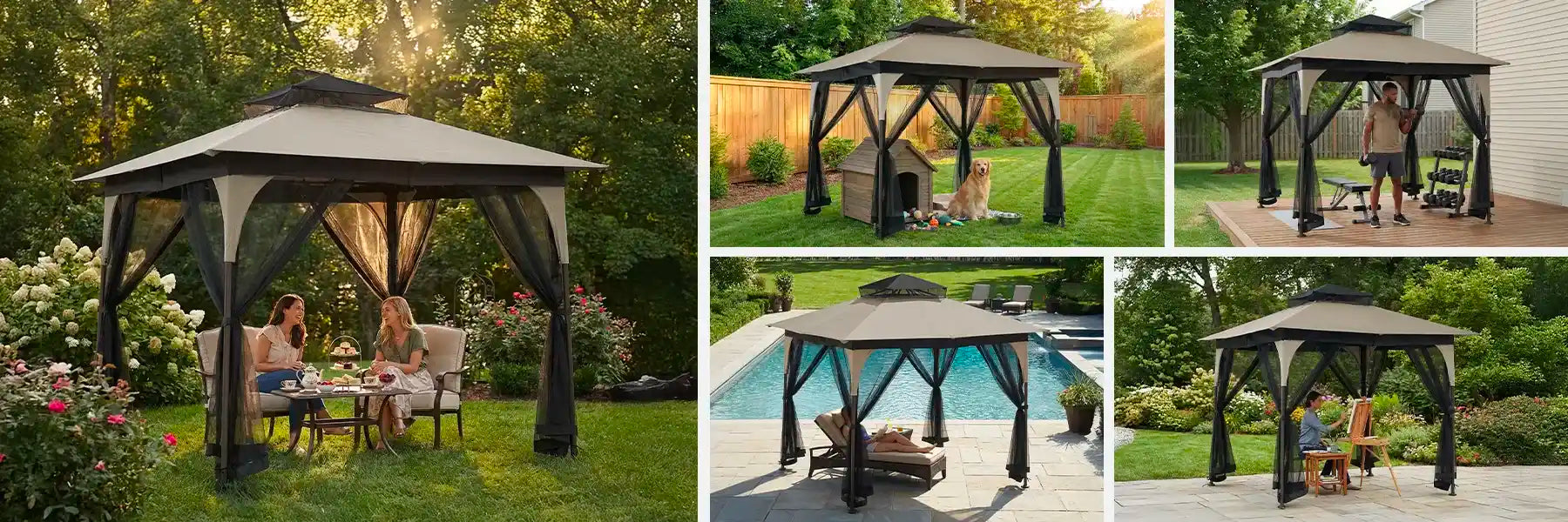 SUNJOY 9x9 Soft Top Garden Gazebo with Mosquito Netting - Light Gray & Black