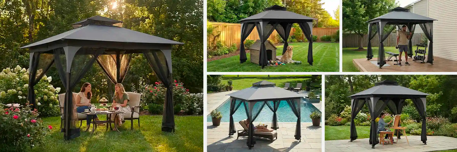 SUNJOY 9x9 Soft Top Garden Gazebo with Mosquito Netting - Gray & Black