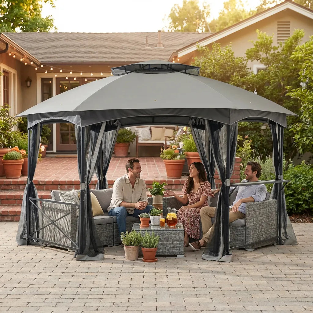 SUNJOY 15x15 Hexagon Soft Top Gazebo with Netting and Bar Shelf