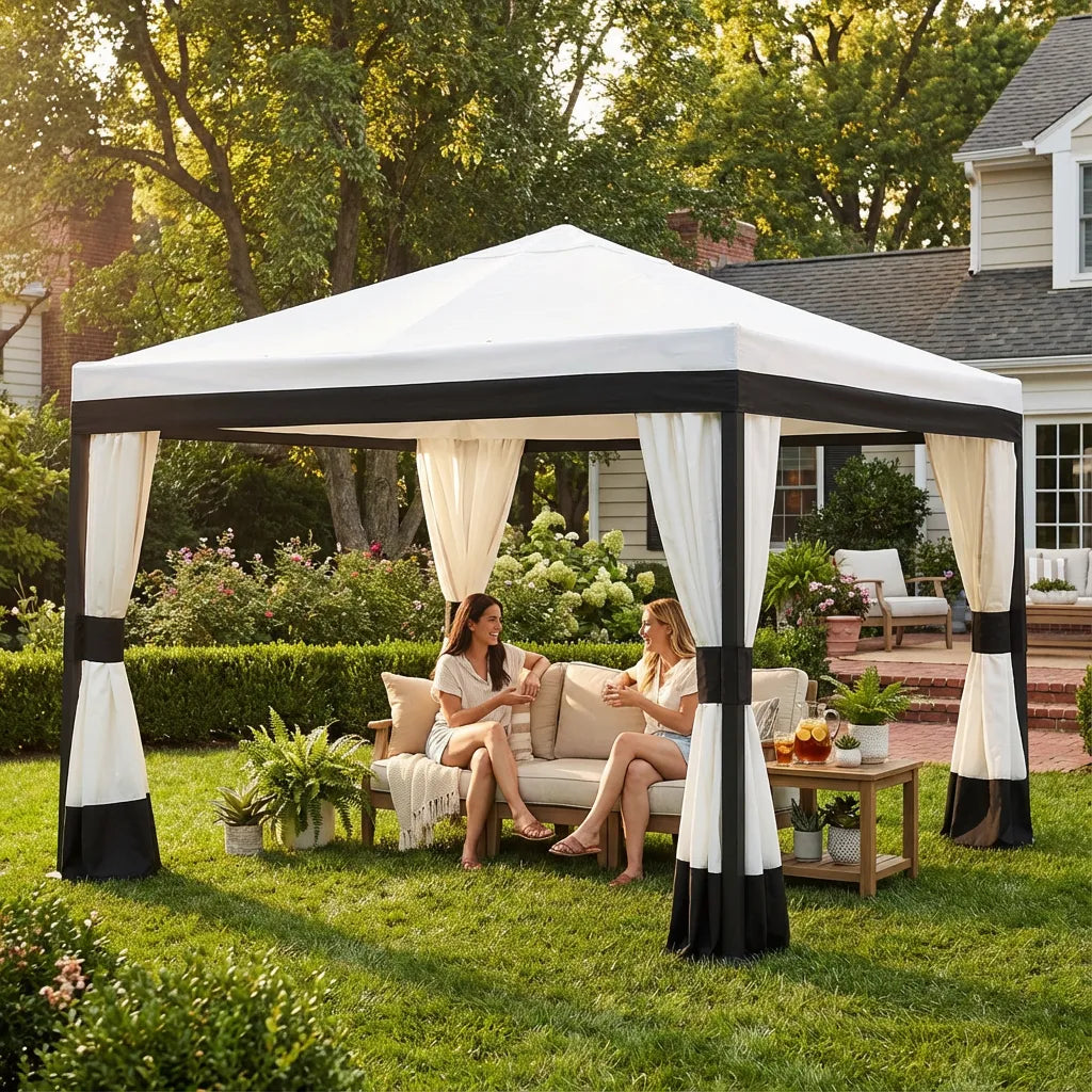 SUNJOY 10x10 White Gazebo with Curtain and Netting