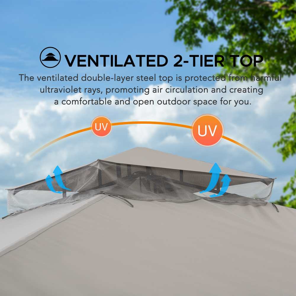 SUNJOY 11x13 Gray 2-Tier Steel Soft Top Gazebo with Ceiling Hook.