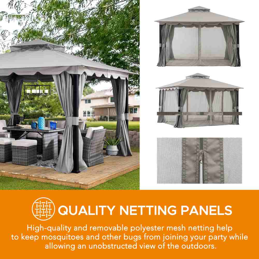 SUNJOY 11x13 Gray 2-Tier Steel Soft Top Gazebo with Ceiling Hook.