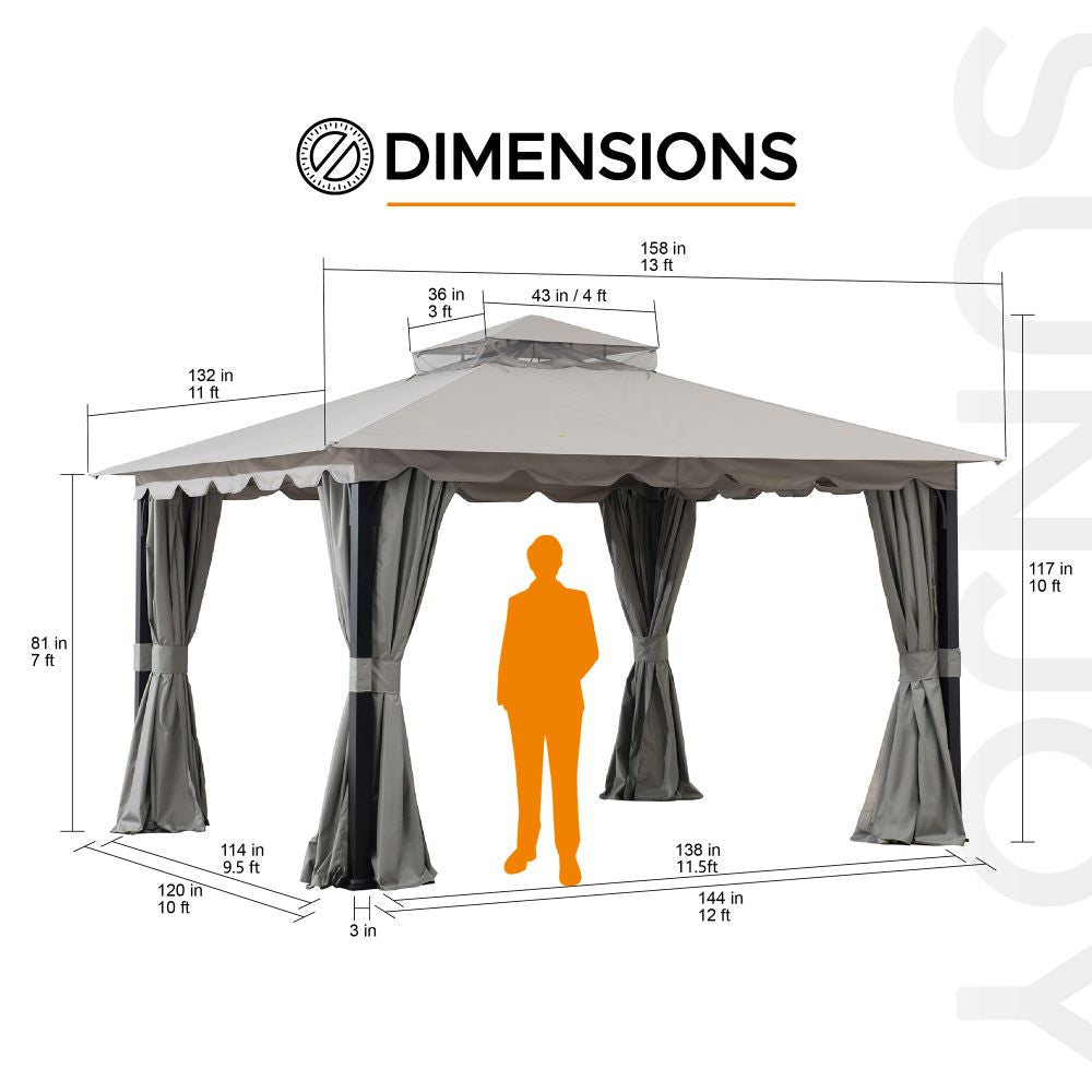 SUNJOY 11x13 Gray 2-Tier Steel Soft Top Gazebo with Ceiling Hook.