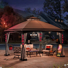 SUNJOY Outdoor Patio 10x13 Steel 2-Tier Backyard Soft Top Gazebo with Ceiling Hook and Netting