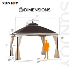 SUNJOY Outdoor Patio 10x13 Steel 2-Tier Backyard Soft Top Gazebo with Ceiling Hook and Netting