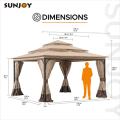 Sunjoy Outdoor Patio 13x13 Tan 3-Tier Steel Backyard Soft Top Gazebo with Netting and Curtains.