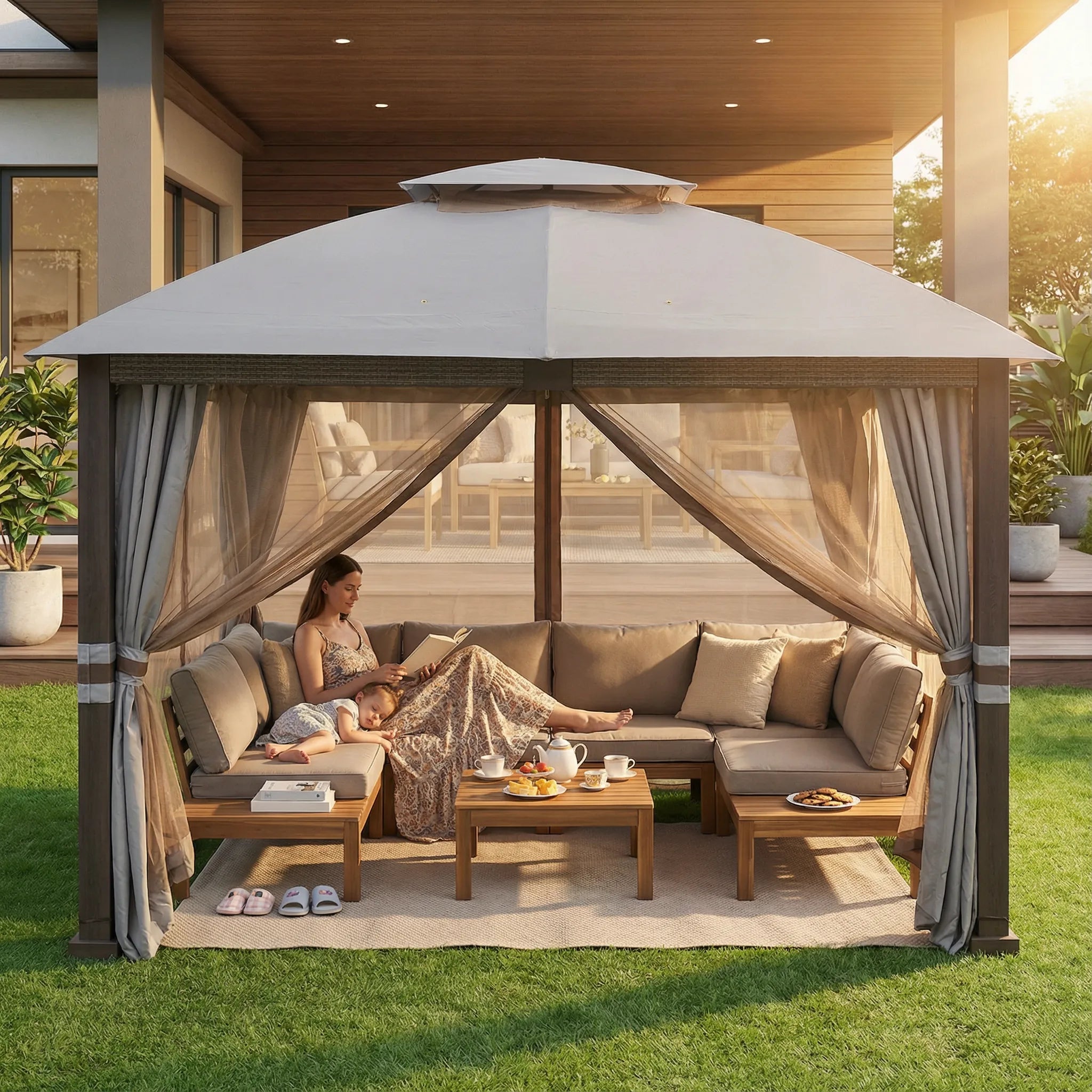 SUNJOY Outdoor Patio Steel Frame 11x13 Gazebo 2-Tier Soft Top Gazebo with Netting and Curtains - Light Gray