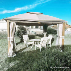 Sunjoy 11x13 Soft Top Gazebo Outdoor Steel Frame Patio Gazebo with 2-Tier Canopy, Netting, Curtains and Hook