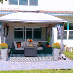 Sunjoy 11x13 Soft Top Gazebo Outdoor Steel Frame Patio Gazebo with 2-Tier Canopy, Netting, Curtains and Hook.