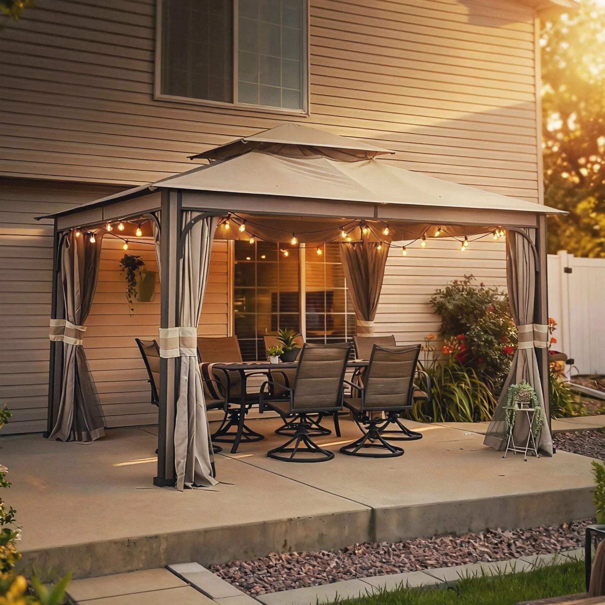 SUNJOY 11x13 Soft Top Gazebo with Netting & Curtains, Patio Gazebo with 2-Tier Roof and Ceiling Hook - Light Gray