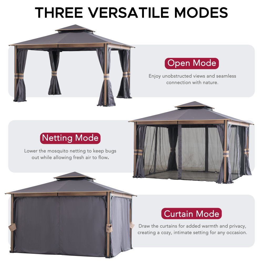 SUNJOY 11x13 Soft Top Gazebo with Netting & Curtains, Patio Gazebo with 2-Tier Roof and Ceiling Hook - Dark Gray