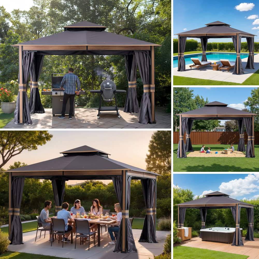 SUNJOY 11x13 Soft Top Gazebo with Netting & Curtains, Patio Gazebo with 2-Tier Roof and Ceiling Hook - Dark Gray