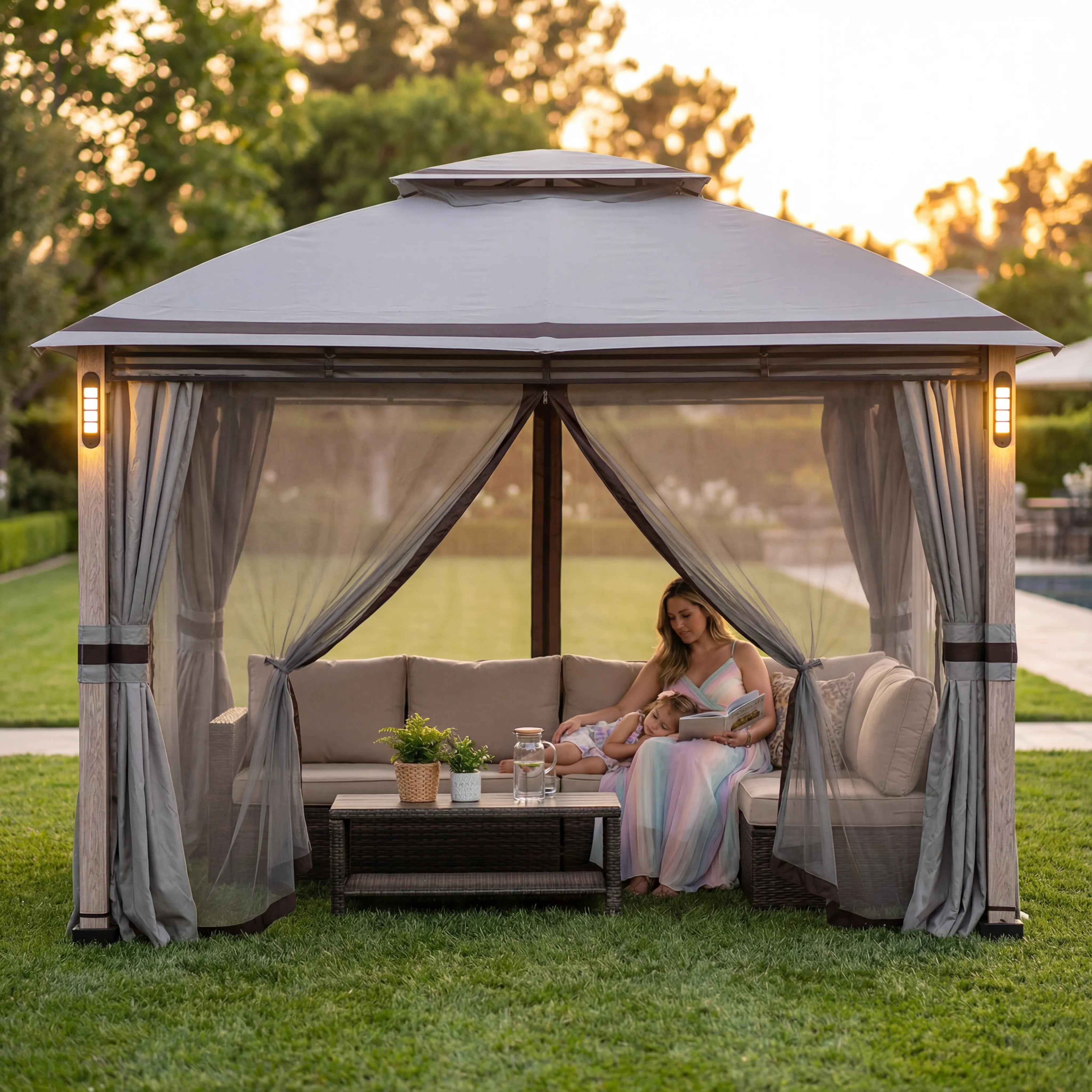 SUNJOY 11x13 Backyard Gazebo with LED Light, Bluetooth Speaker and Hook
