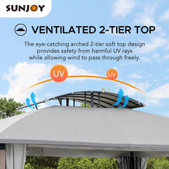 Sunjoy 11x13 ft. Outdoor Patio Domed 2-tier Soft Top Gazebo, Woodgrain Steel Frame Backyard Gazebo with Curtain and Netting