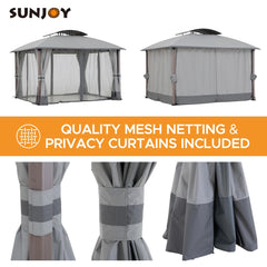 Sunjoy 11x13 ft. Outdoor Patio Domed 2-tier Soft Top Gazebo, Woodgrain Steel Frame Backyard Gazebo with Curtain and Netting