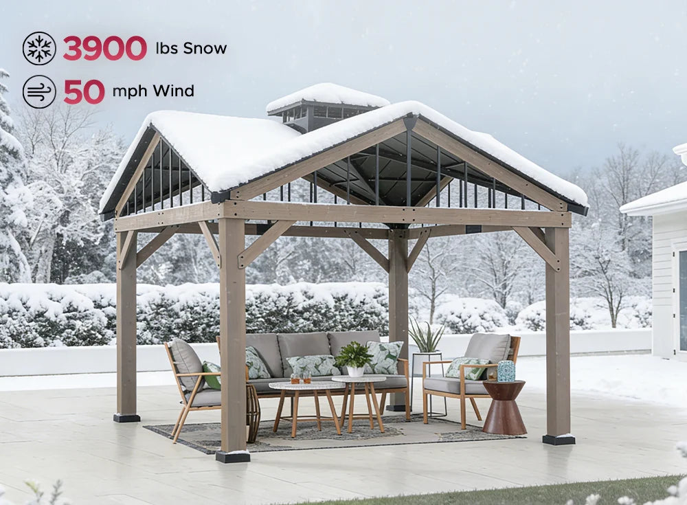 SUNJOY 12x12 Heavy-Duty Wooden Gazebo, Hardtop Pavilion with Decorative Roof Vent