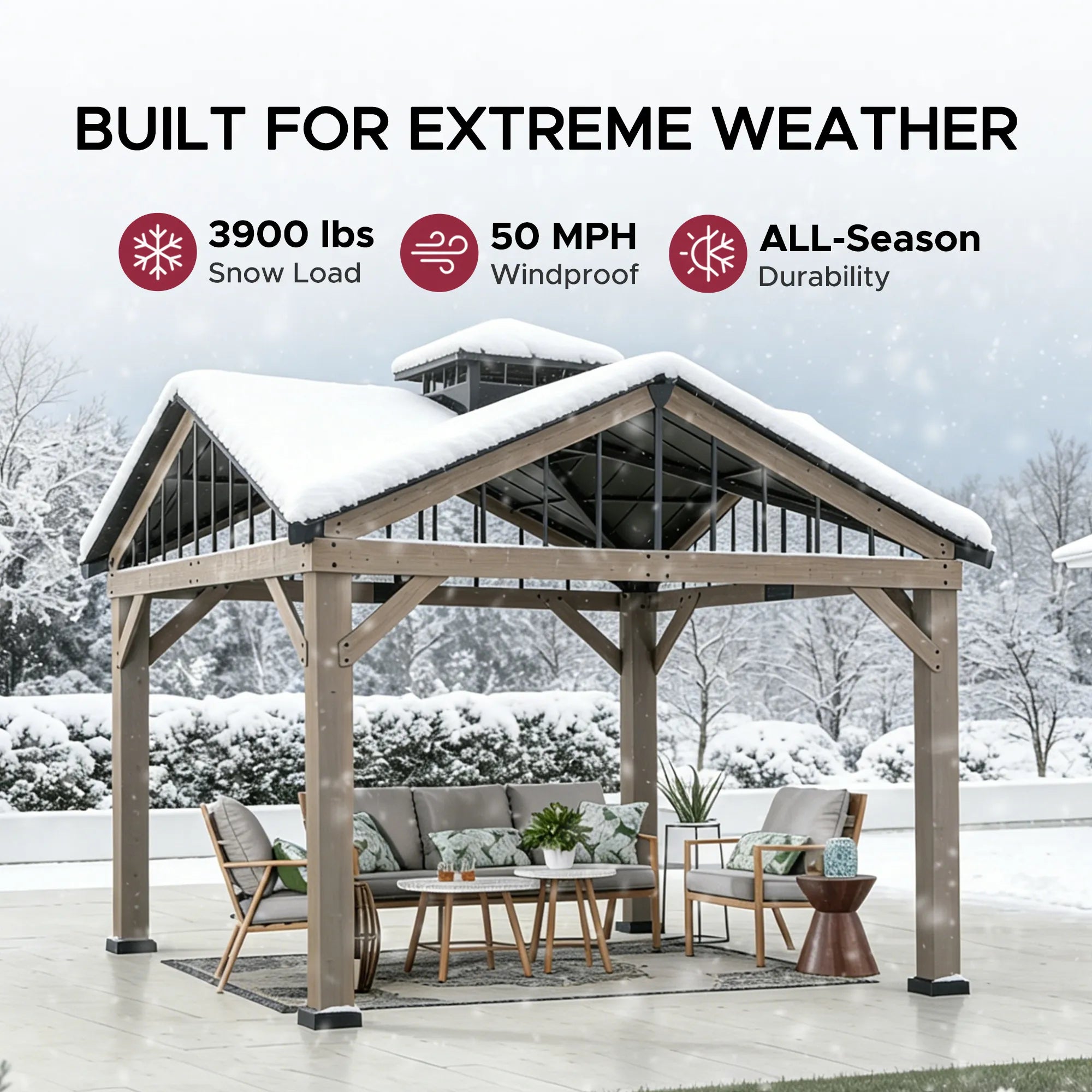 SUNJOY 12x12 Heavy-Duty Wooden Gazebo, Hardtop Pavilion with Decorative Roof Vent