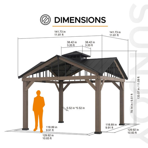 SUNJOY 12x12 Roanforth Gazebo With 2-Tier Roof and Ceiling Hook