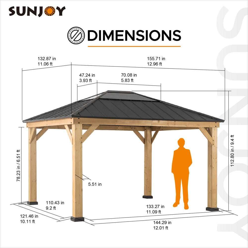 11x13 Cedar Wood Gazebo Kit with Skylight Roof & Hook - SUNJOY