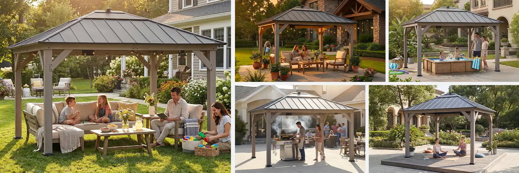 SUNJOY 11x13 Wooden Gazebo with Solar Panel, LED Lights and Ceiling Hook - Driftwood Cedar